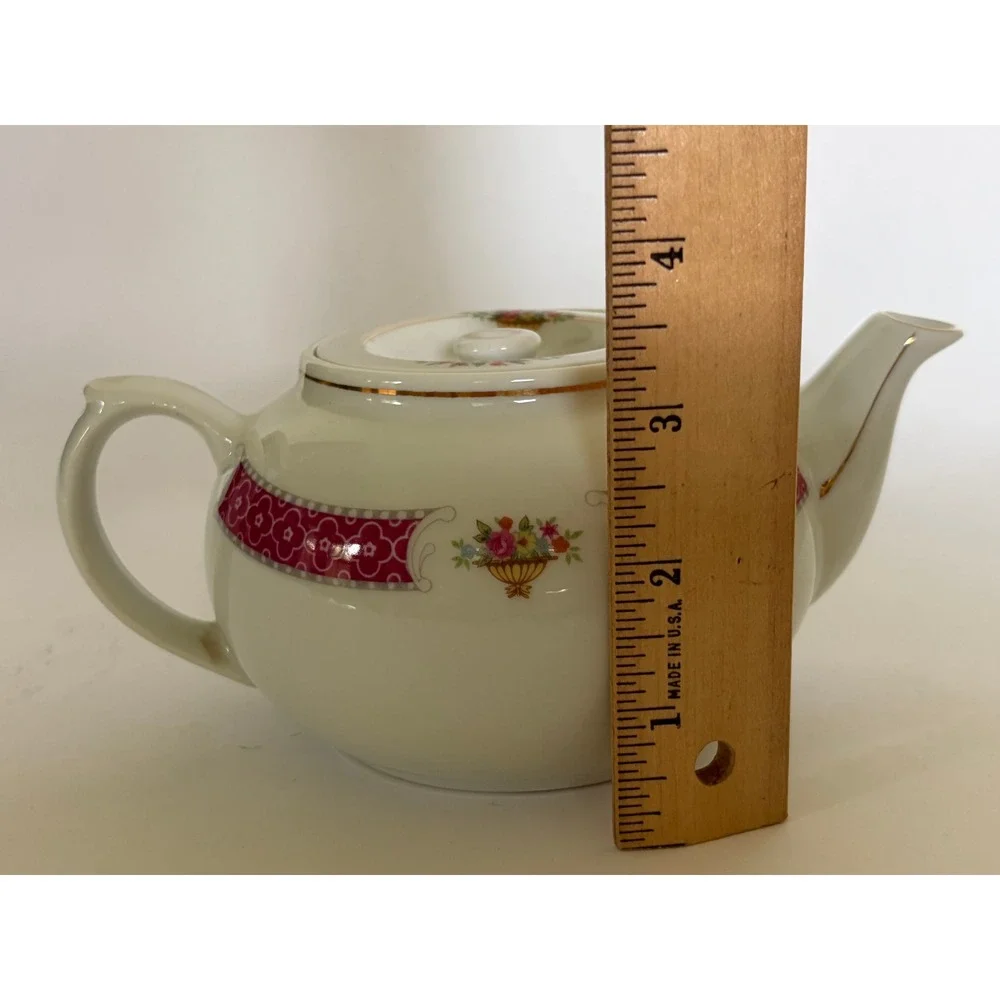 Vintage Pink Floral Teapot Flat Lid Gold Trim Cottagecore Shabby Chic Country